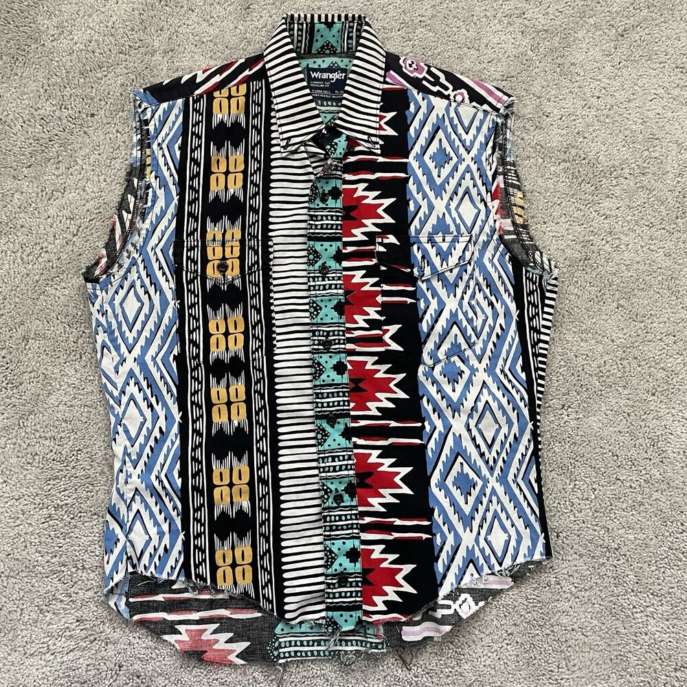 VTG Wrangler Mens Sleeveless Shirt X-Long Tails 15-33 Aztec Abstract USA Made